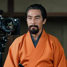 full color still of a samurai with dark goatee and orange yukata in 1920, 150mm lens by Akira Kurosawa, 1980 cinematography