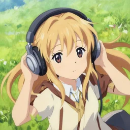 painting of a cute girl wearing headphones in the style of violet evergarden, beautiful anime art style, winged eyelashes, countryside, calm, fantasy character portrait, dark outlines, dynamic pose, above view, sunny day, artwork by makoto shinkai, very coherent asymmetrical artwork, sharp edges, perfect face, simple form, 1 0 0 mm