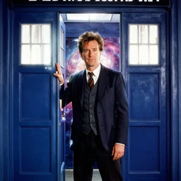 vhs cover still of hugh laurie as doctor who in front of a nebula through the open door of the tardis