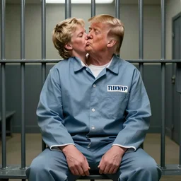 portrait of Alex Jones kissing Donald trump wearing prison clothes while prison sittibg in a prison jail cell behind bars, Greg rutkowski , craig mullins, vibrant color, cinematográfica, digital Art, trending on artstation, octane