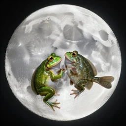 a flounder and a frog in love on the moon realistic photo
