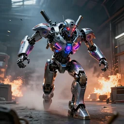 portrait photograph of a extremely shiny!!!! intricate mechanical robot, neon lights!, evil red eyes!!, guns for arms, natural light, sprinting towards you!! bullets flying! inside a dark foggy warehouse. looking at the camera!!. fire and explosions in the background. super resolution. extremely detailed. graflex camera!, trending on artstation.
