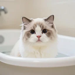 a cute cat is taking a bath in a tub