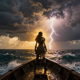 epic medieval woman ship pilot standing at the bow of a ship at sea from behind, dramatic dark glowing golden neon sunset with thick wall of lightning storm clouds and violent seas, dynamic lighting, hyperrealistic, hd 4 k, artstation