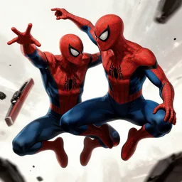 homelander fighting spiderman, alex ross style, illustration, artstation trending, very high details, striking pose, comics cover, heroic battle, debris flying around, concept art rendering,