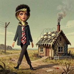 I walk 47 miles of barbed wire, I use a cobra snake for a necktie, I've got a brand new house on the roadside made of rattlesnake hide, its got a smokestack chimney laid on top made out of human skulls, now come on take a little walk with me doll and tell me who do you love? Bo Diddley, Afrofuturism, intimidating stare, deviantart, matte painting by Samson Pollen