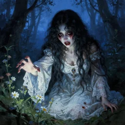 a pretty but sinister and creepy monster in layers of fear, with haunted eyes, one hand reaching out to the light, lace dress, violence in her eyes, 1 9 7 0 s, seventies, delicate embellishments, a little blood, woodland, blue dawn light shining on wildflowers, painterly, offset printing technique, by alexandre cabanel