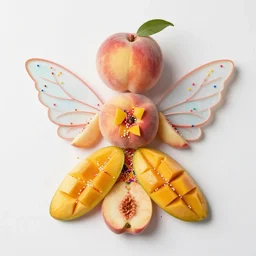 beautiful photo of a fairy made of peaches, mangoes and sprinkles, dslr