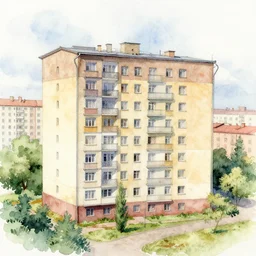 beautiful watercolor art of small soviet apartment building stands at russian suburbs, full frame