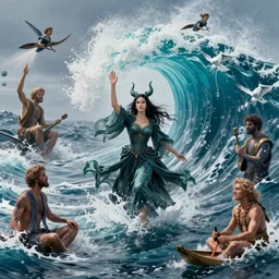 a sea witch summoning a giant wave by william blake and karol bak and earl moran and fritz willis and gil elvgren, highly detailed, photorealism, hyperrealistic