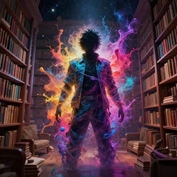 consciousness in space, matte painting, dynamic comic book art, dream space expansion into the living library, cinematic, trending on artstation, galactic splashes of colors, highly detailed, unreal engine