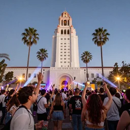 absolutely crazy party in front of pasadena city hall, lens flare, long exposure, trending on ArtStation.'