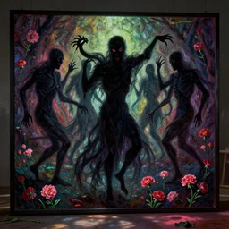 scary terryfying, evil shadow people dancing by gustave dore. back glass painting, carnation, encaustic painting, b - roll, establishing shot, dappled light, crime scene photography, 8 k, vray, unreal engine, blender cycles, colorful