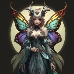 a banshee dressed in gorgeous costumes with butterfly wings and features, character design, detailed rendering, realistic smooth detailed art