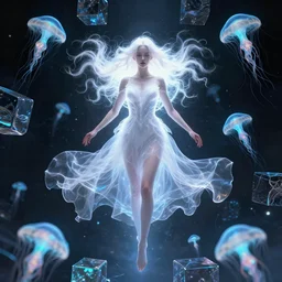 front shot of female elemental surrounded by bioluminescent plankton, clear white dress, beautiful, radiant, glowing swirling hair, levitating, character, hyperdimensional, bioluminescent hypercubes, dark holography, spectral, chrome, intricate, elegant, highly detailed, centered, artstation, concept art, smooth, sharp focus, artgerm, Tomasz Alen Kopera, Peter Mohrbacher, donato giancola, Joseph Christian Leyendecker, WLOP, Boris Vallejo, mugshot, octane render, nvidia raytracing demo, 8K