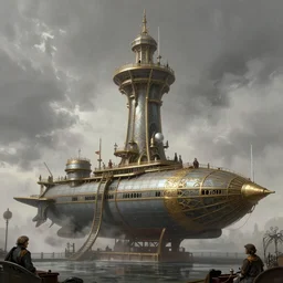 wide view of a steampunk airship docking with a tall tower, fog, volumetric lighting, intricate, elegant, highly detailed, digital painting, artstation, concept art, smooth, sharp focus, art nouveau, art by raymond swanland and alphonse mucha