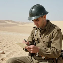 medium shot painting of an italian soldier texting a letter to his beloved in wwII, behind him the desert of El Alamein
