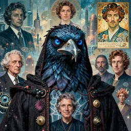 realistic detailed portrait movie shot of a birdman wearing dark robes, sci fi city landscape background by denis villeneuve, amano, yves tanguy, alphonse mucha, ernst haeckel, max ernst, roger dean, masterpiece, rich moody colours, blue eyes, snarling dog teeth