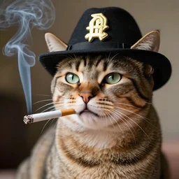 ultra realistic cat smoking cigarette wearing mafia hat, ultra realistic, 8 k resolution, detailed, real life