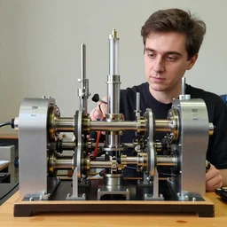 a random pointless elaborate contraption pneumatic machine with no apparent purpose, being operated by a scholarly looking man with a clear directed gaze, xf iq 4, f / 1. 4, iso 2 0 0, 1 / 1 6 0 s, 8 k, raw, unedited, symmetrical balance, in - frame