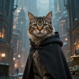a cat in a cloak, in a fantastic city , dramatic lighting, cinematic, establishing shot, extremely high detail, foto realistic, cinematic lighting, post processed, concept art, high details, cinematic, 8k resolution, beautiful detailed, photorealistic, digital painting, artstation, concept art, smooth, sharp focus, artstation trending, octane render, unreal engine
