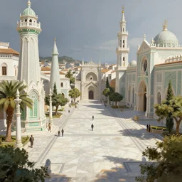 the town square of the great city of noxia, marble streets, ivory towers, trees, peter morbacher, ross tran, greg rutkowski, intricate details, extravagant, accents of white and green, trending on artstation, cinematic lighting, digital painting, sharp focus, no blur, octane render, artgerm