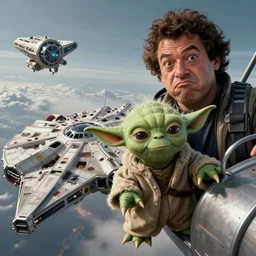 photo of yoda piloting the millenium falcon with jar jar making silly faces next to him as they are crashing towards planet mustafar, 4k, ultra realistic
