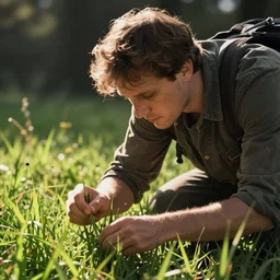 realistic photo grass man searching for a blade of grass