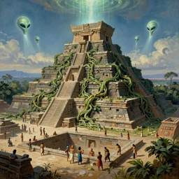 insanely vast vine covered aztec temple with aztec people uncovering it, aliens beaming down and beautiful painting overlay photo realism by greg rutkowski leonardo da vinci