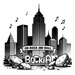 we built this city on rock and roll, black and white comic art, lots of musical notes