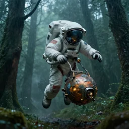 Astronaut piloting the aliens powerloader through a forest, dark, rainy, fantasy, epic