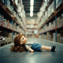 lomo photo of a doll laying between warehouse shelves, cinestill, bokeh, out of focus, night, dramatic lighting