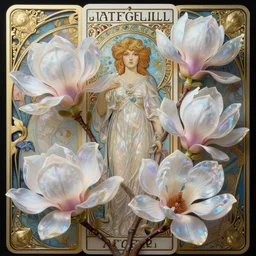 magnolias, rococo and art nouveau fusion, iridescent diaphanous refractive and reflective flower bouquet, tarot card, highly detailed, deep focus, elegant, digital painting, smooth, sharp focus, illustration, ultra realistic, 8 k, art by artgerm and alphonse mucha