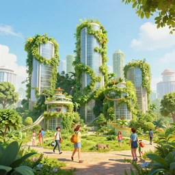 plant - draped futurist renewable city. joyful and sunny utopia, filled with happy people living in harmony with nature. concept art