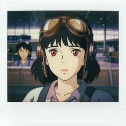 a polaroid film portrait stil of an very sad!!! 1 9 5 0's disney aviator girl, red eyes, finely detailed features, closeup at the faces, perfect art, in the airport yard, gapmoe yandere grimdark, trending on pixiv fanbox, painted by greg rutkowski makoto shinkai takashi takeuchi studio ghibli, akihiko yoshida,