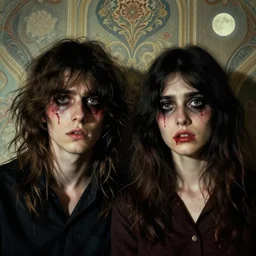 two handsome but sinister, creepy young nonbinary people in layers of fear, with haunted eyes and wild hair, 1 9 7 0 s, seventies, wallpaper, a little blood, moonlight showing injuries, delicate embellishments, painterly, offset printing technique, by john howe, brom, robert henri, walter popp