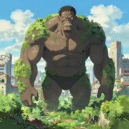 a giant golem in city ruins overtaken by vegetation in anime style highly detailed by makoto Shinkai and Raphael Lacoste