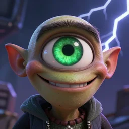 happy golem face portrait, green eye, close up, awarded animation, cinematic lightning, octane render, unreal engine