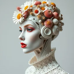 biomechanical beautiful woman portrait with a smooth carved porcelain ivory profile face, futuristic haute couture, iris van herpin, headdress with daisies, colorful puffballs, mushrooms, rhizomorphs, brackets, sponge corals, laser cut lace, red plump lips, beautiful eyes, hyper detailed, ultra sharp, 8 k, uhd