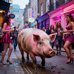 the year is 2 1 4 4, a perfect vivid chromatically distorted photograph of a giant muddy pig wandering the seedy streets of soho, london. eye popping neon glows, mini skirts, calling cards, street hustlers and exotic dancers luring the pig in every direction. opulence, superficiality and a crass exploitative feel.