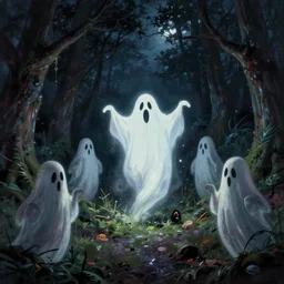 ghosts and ghouls at midnight in the forest. at night. night sky. digital painting. marc simonetti. dancing ghost ghoul. mysterious glow. greg rutkowski. scary. creepy. artstation.