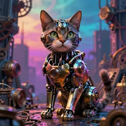 a cyborg cat of the apocalypse, part mechanical cat, steampunk. fantasy, very colourful hdr cinematic lighting verty detailed