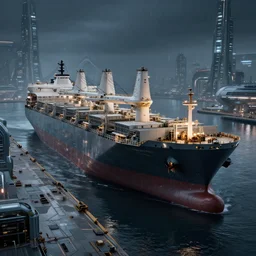 photo of immense gigantic industrial futuristic cargo ship arrives at futuristic city sea port, dark cinematic lighting