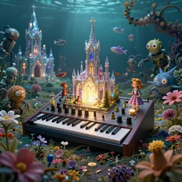 a centered render of intricate modular synthesizer of alice in wonderland, shining its light across a tumultuous sea of flowers, undersea animals and gothic crystal church and robots and tunnels by dorothea tanning and salvador dali, trending on artstation, cyber punk, octane render, high detailed, human : - 2, blur : - 2, depth of field : - 2