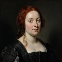 portrait of a 40 years old women, dark red hair, green eyes, in historic clothing, 18th century painting, black canvas