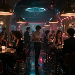 concept art, crowded retro - futurist speakeasy, reflections, dark moody lighting, bladerunner, james jean, syd mead, akihiko yoshida, cinematic