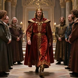 medium shot of a king walking with a powerful stride in his palace as worried courtiers gather around him, high fantasy, matte painting, trending on ArtStation