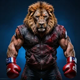 high detail cinematic photograph portrait , epic pose mutant powerlifter muscular oversized lion with big eyes is covered in blood and wearing dirty bloody hoodie and united states flag boxing gloves, very dramatic dark studio blue backlight , horror