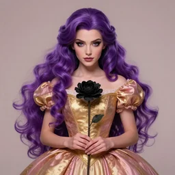 gorgeous princess in gold and pink dress, purple hair, in her hands a black flower, soft lights, symmetrical portrait, high quality, cinematic wlop and rossdraws, character concept art. epic composition, hyperrealism, award winning artwork, realistic hair, artstation trend, high quality print, fine art with subtle redshift rendering.
