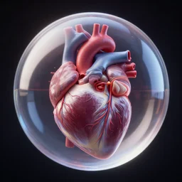 a beating human heart inside a translucent orb, highly detailed biologically accurate human heart, unreal engine 5, path tracing, volumetric lighting, trending on artstation